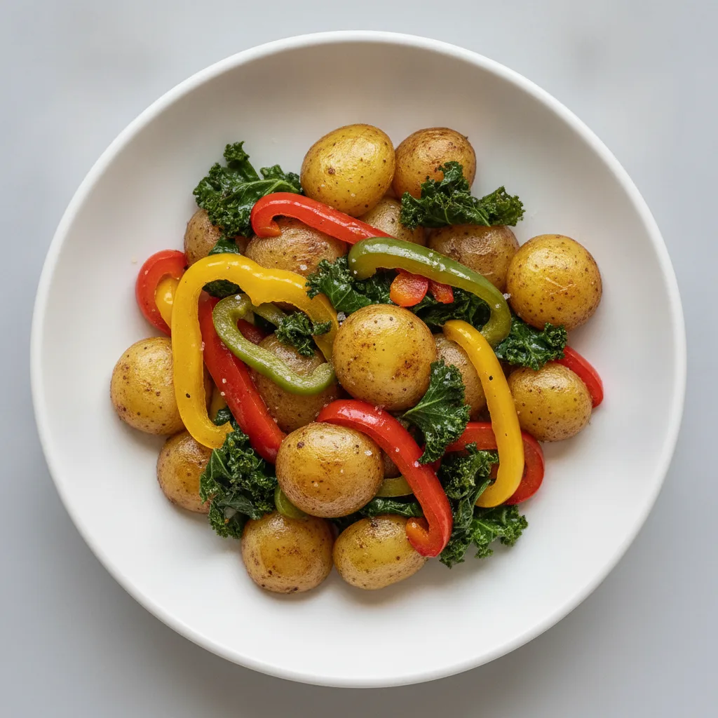 Roasted Potatoes with Sauteed Peppers and Greens