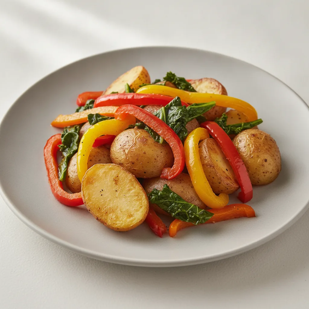 Roasted Potatoes with Sauteed Peppers and Greens