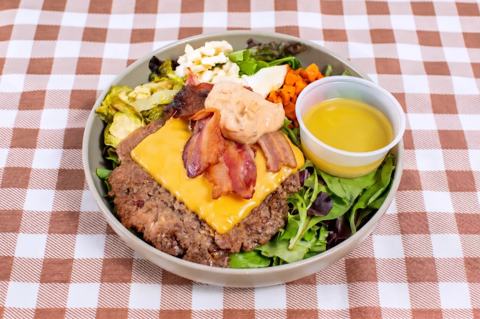 Green Salad with Smashed Pork Patty
