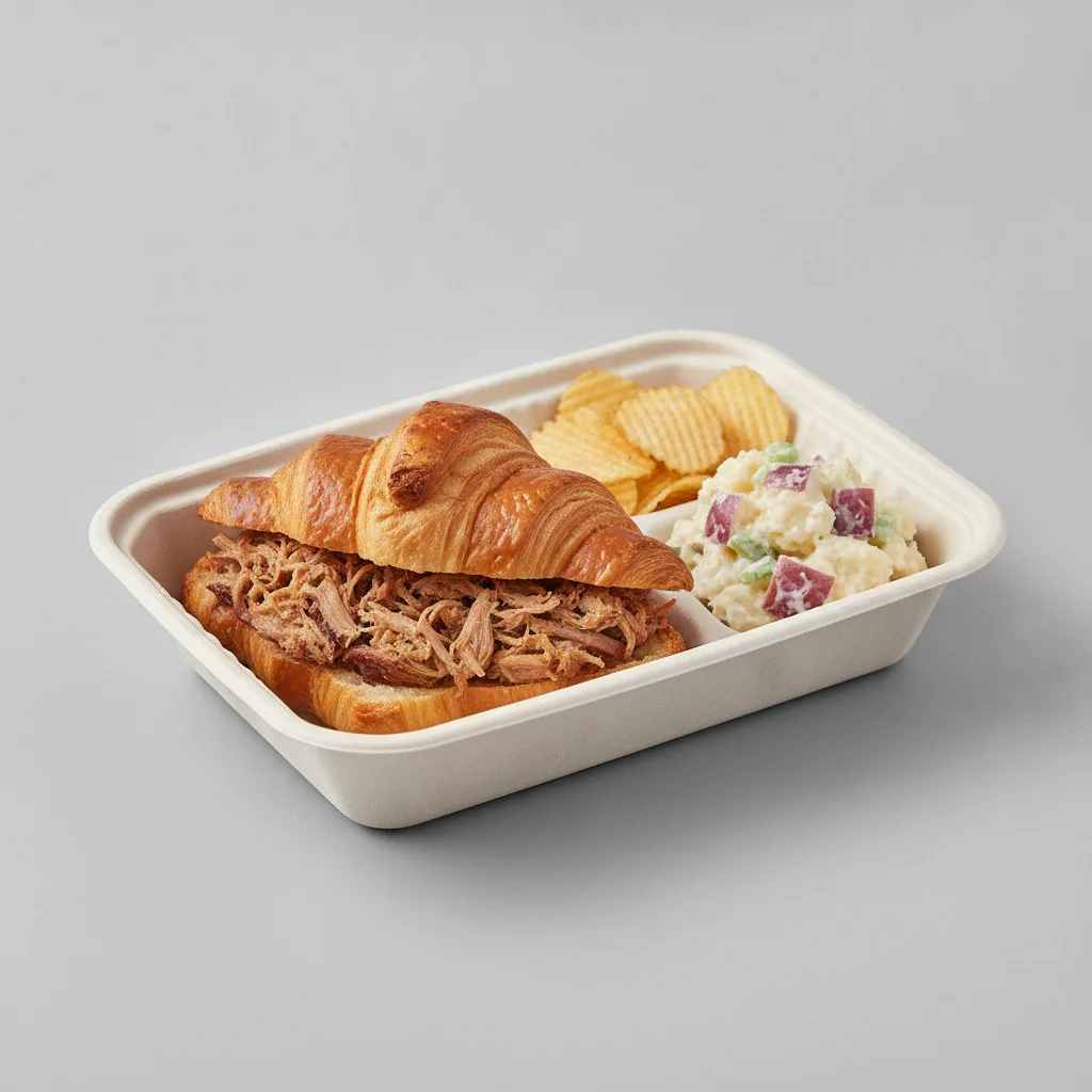 Pulled Pork Croissant Sandwich Lunch Box with Potato Salad Pulled Pork Croissant Sandwich Lunch Box with Potato Salad