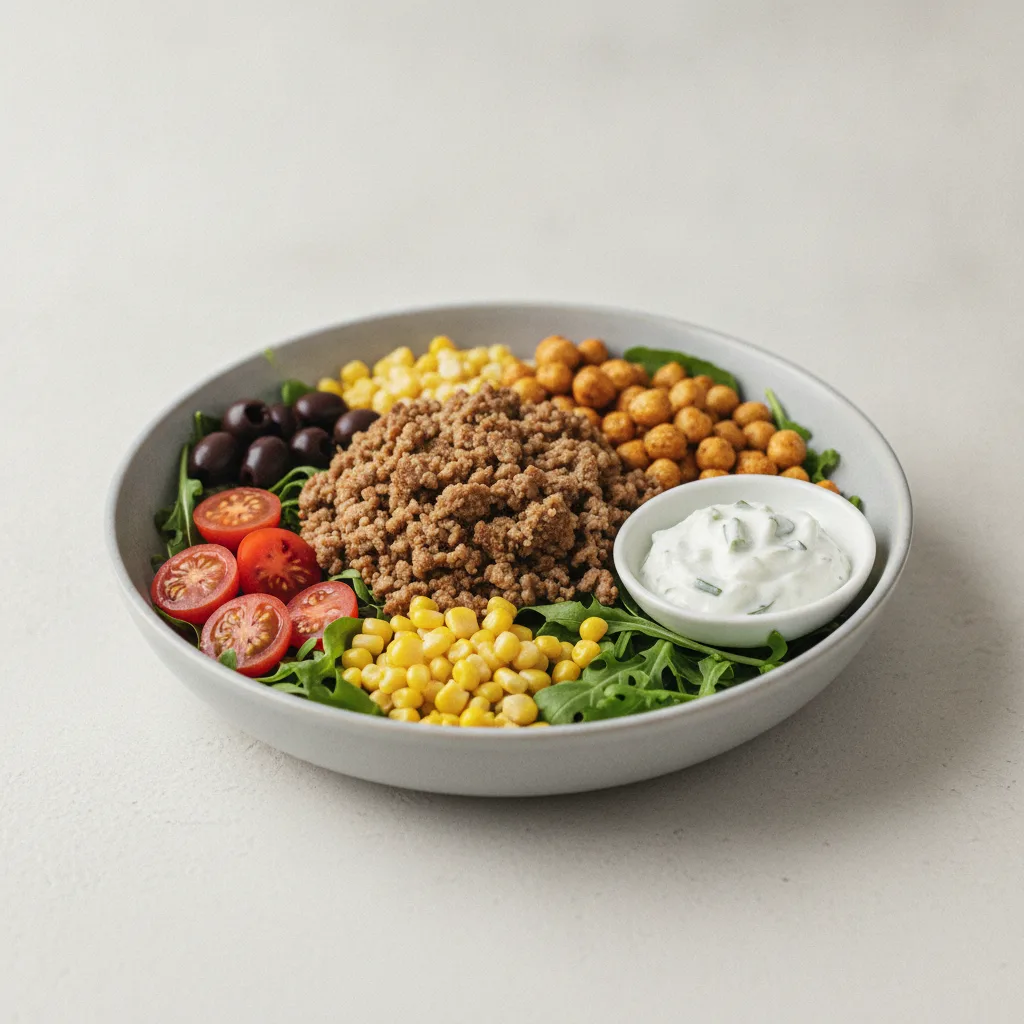Grass-Fed Ground Lamb Salad Bowl with Classic ZIKI (Tzatziki) Grass-Fed Ground Lamb Salad Bowl with Classic ZIKI (Tzatziki)