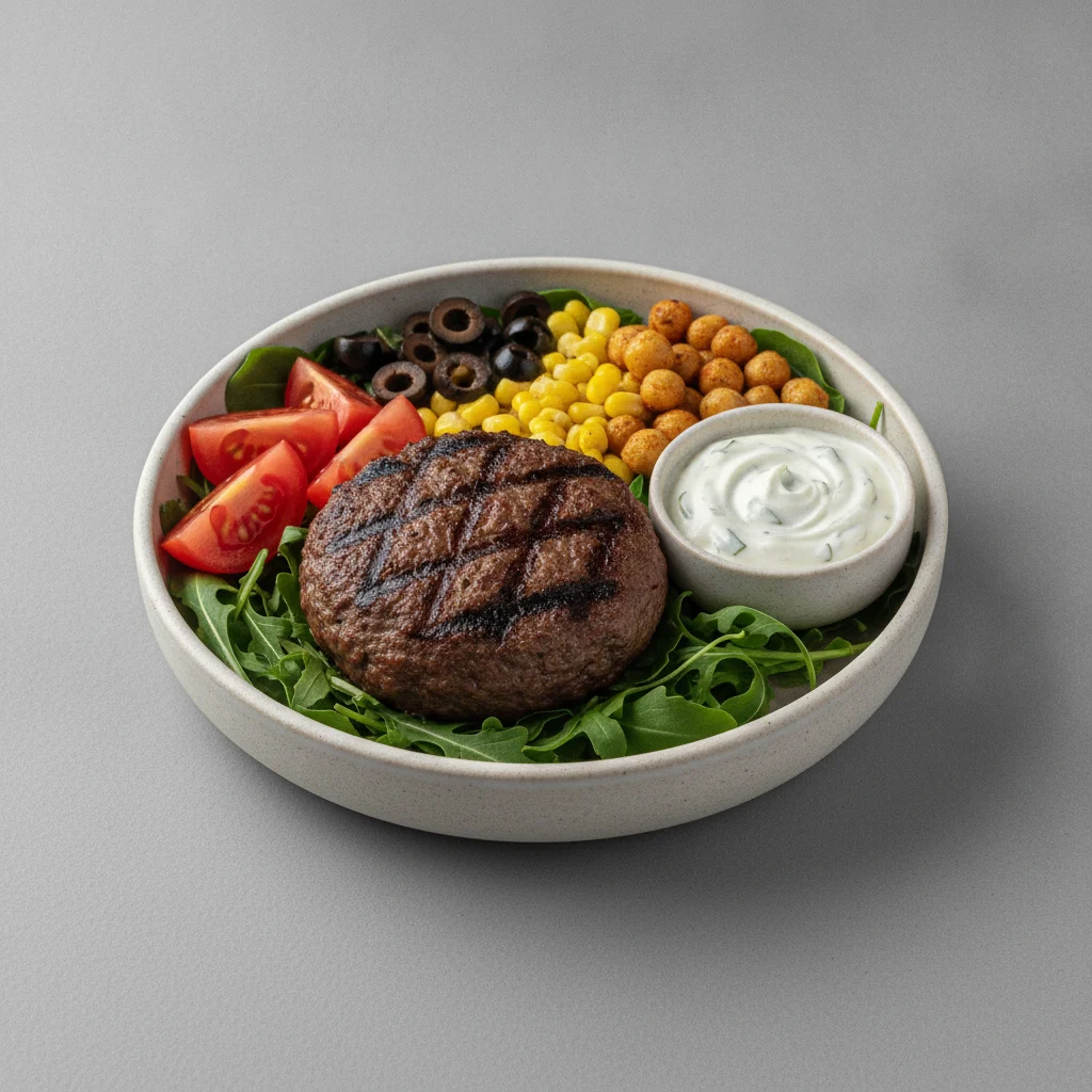 Beef Patty Salad Bowl with Classic ZIKI (Tzatziki) Beef Patty Salad Bowl with Classic ZIKI (Tzatziki)