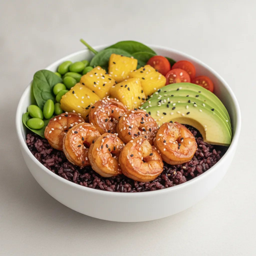 Hawaiian Avocado Shrimp Teriyaki Bowl - Forbidden Red Japonica Rice Hawaiian Avocado Shrimp Teriyaki Bowl - Forbidden Red Japonica Rice