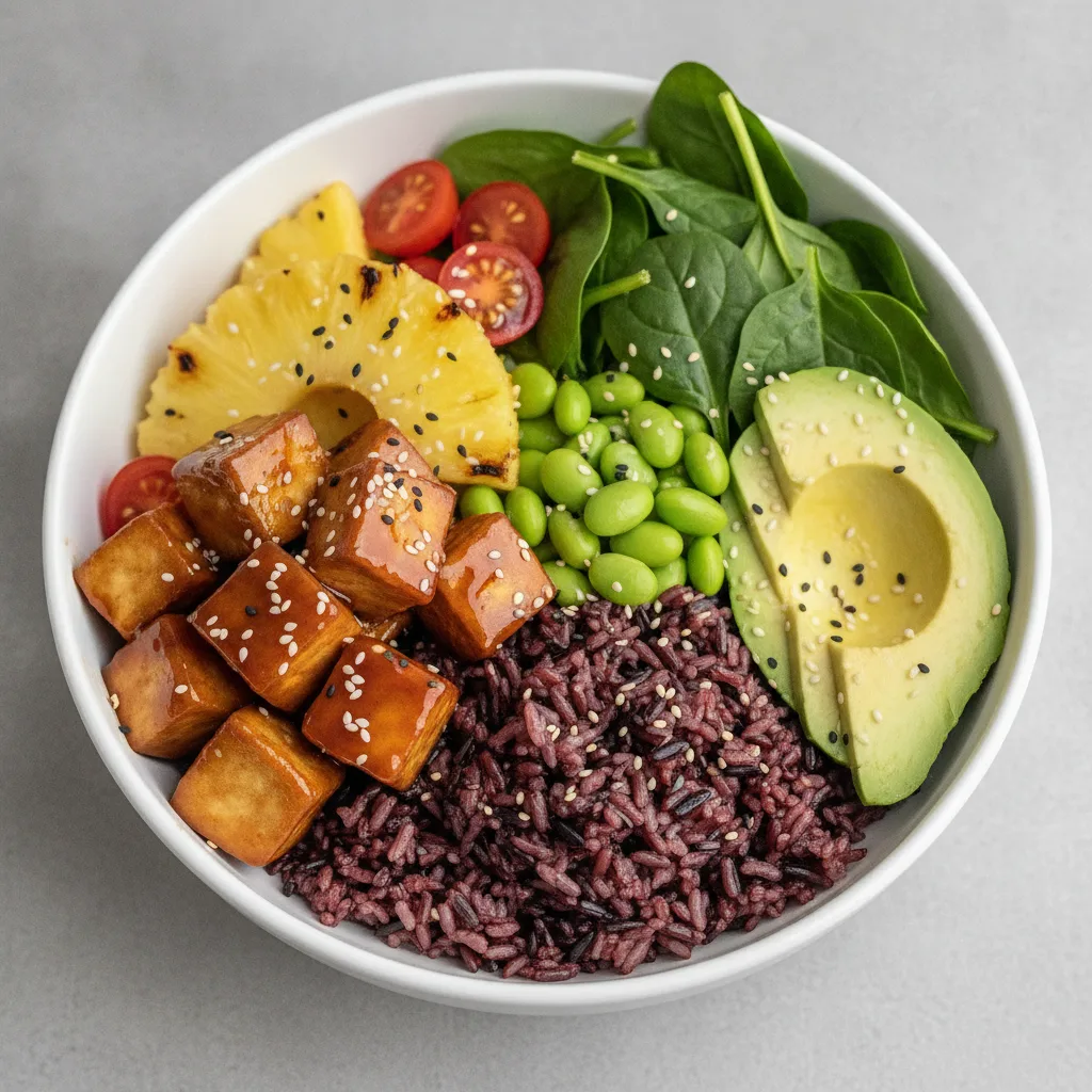 Hawaiian Avocado Tofu Teriyaki Bowl - Forbidden Red Japonica Rice Hawaiian Avocado Tofu Teriyaki Bowl - Forbidden Red Japonica Rice