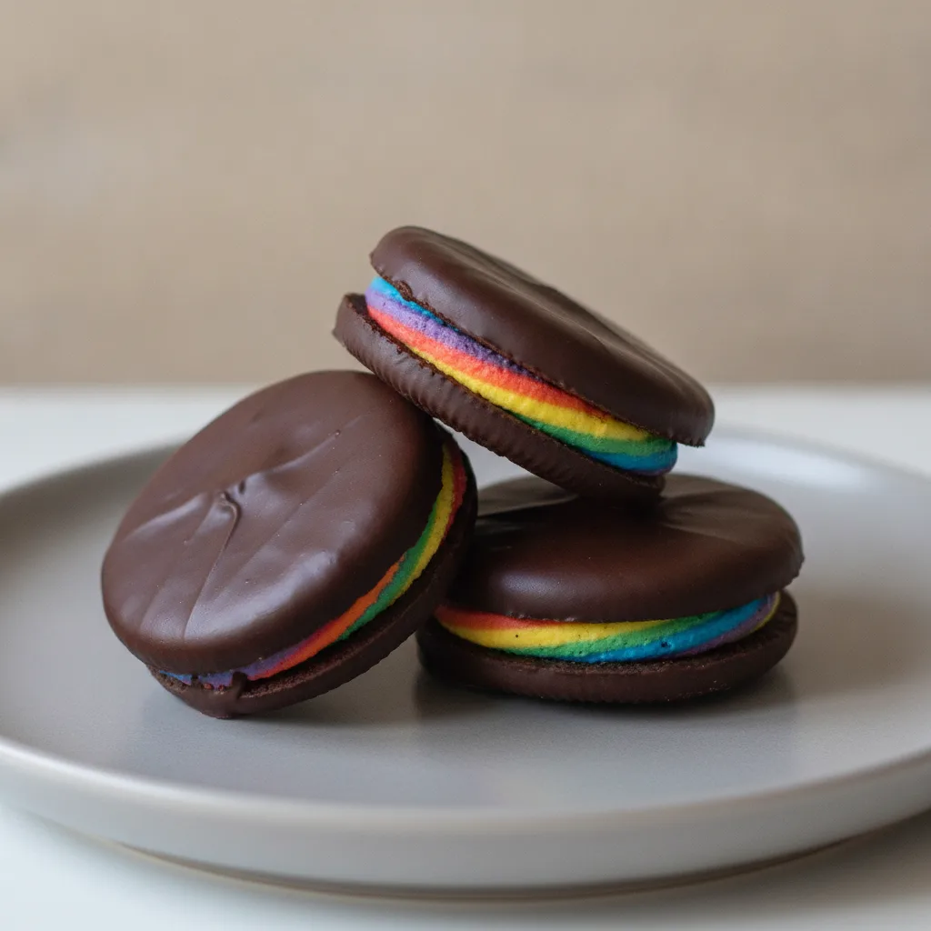 Vegan Chocolate Covered Rainbow “Oreos” Vegan Chocolate Covered Rainbow “Oreos”
