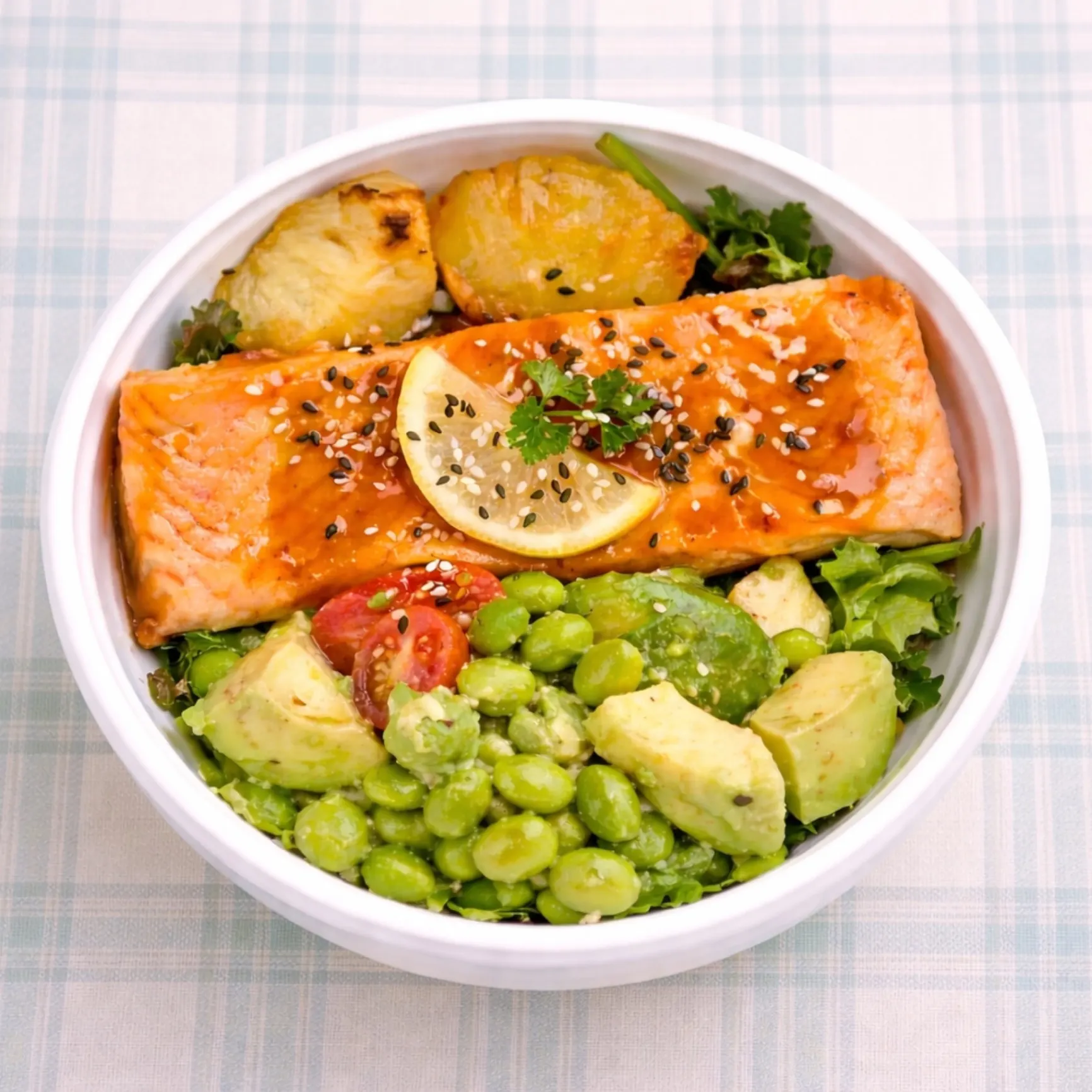 Hawaiian Avocado Salmon Teriyaki Bowl - Forbidden Red Japonica Rice