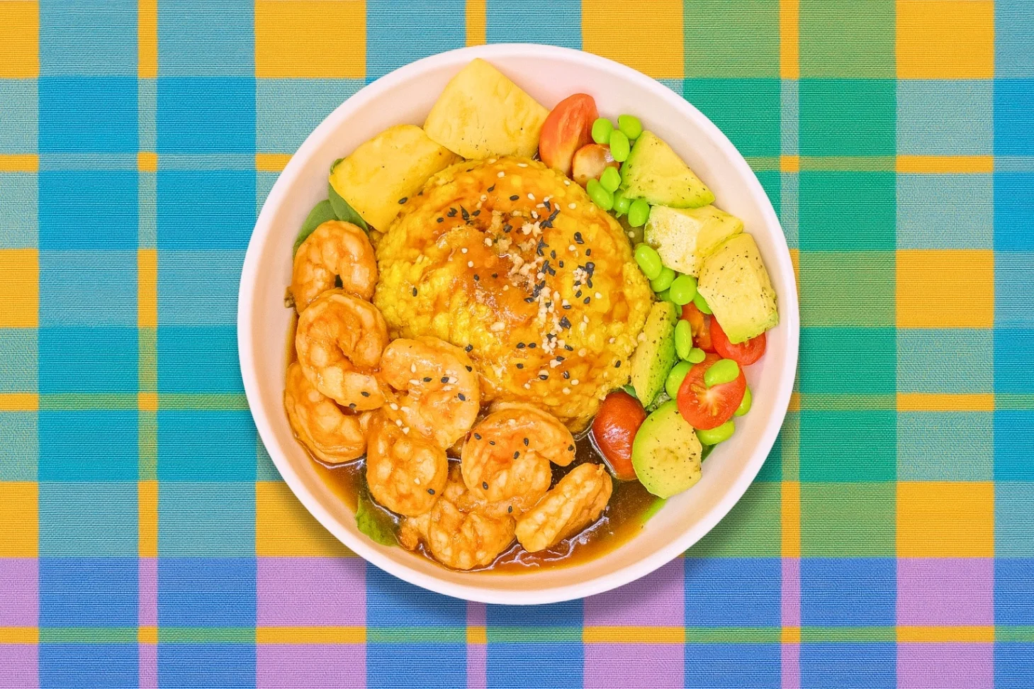 Hawaiian Avocado Shrimp Teriyaki Bowl - Turmeric Rice