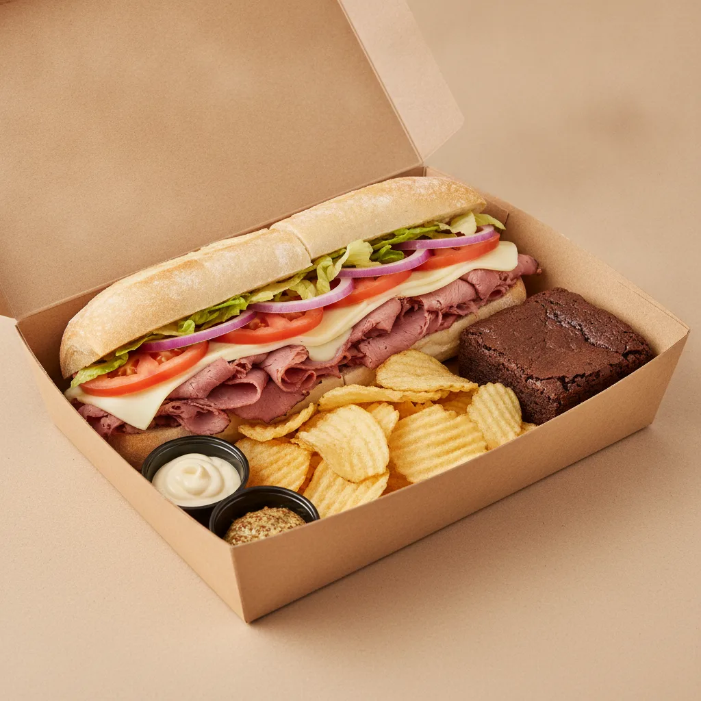 Standard Lieutenant Box Lunch - Pastrami with White Bread, Chips and Brownie
