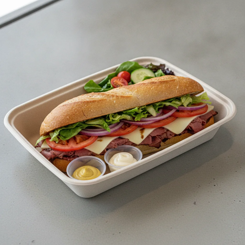 Standard Lieutenant Box Lunch - Pastrami, Gluten Free Bread and Side Salad.