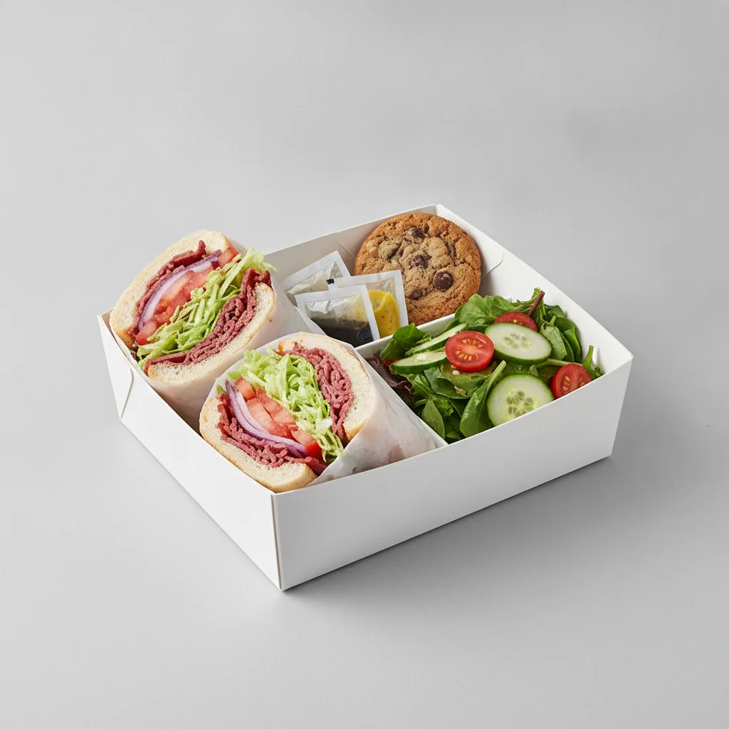Standard Lieutenant Box Lunch - Corned Beef with White Bread, Side Salad and Assorted Cookie