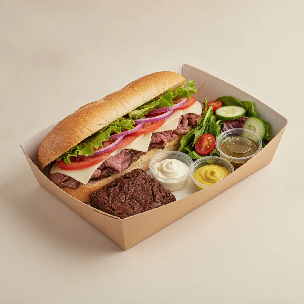 Standard Lieutenant Box Lunch - Roast Beef with White Bread, Side Salad and Brownie
