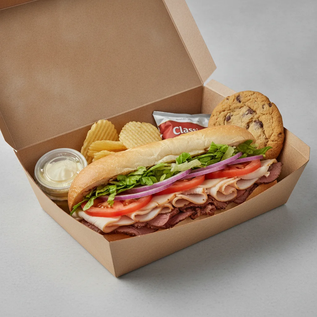 Deluxe Lieutenant Box Lunch - 8-in Turkey, Roast Beef, White Bread, Chips and Assorted Cookie
