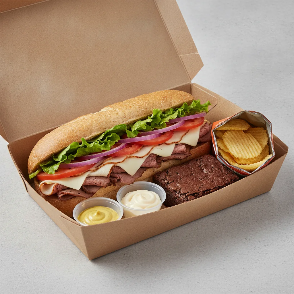 Deluxe Lieutenant Box Lunch - 8-in Turkey, Roast Beef, Wheat Bread, Chips and Brownie