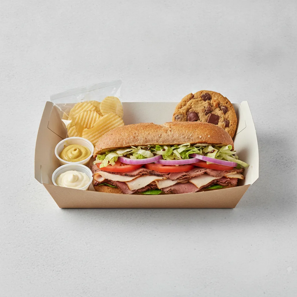 Deluxe Lieutenant Box Lunch - 8-in Turkey, Roast Beef, Wheat Bread, Chips and Assorted Cookie