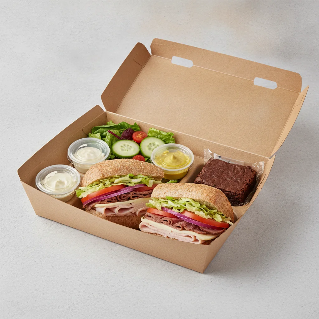 Deluxe Lieutenant Box Lunch - 8-in Turkey, Roast Beef, Wheat Bread, Side Salad and Brownie