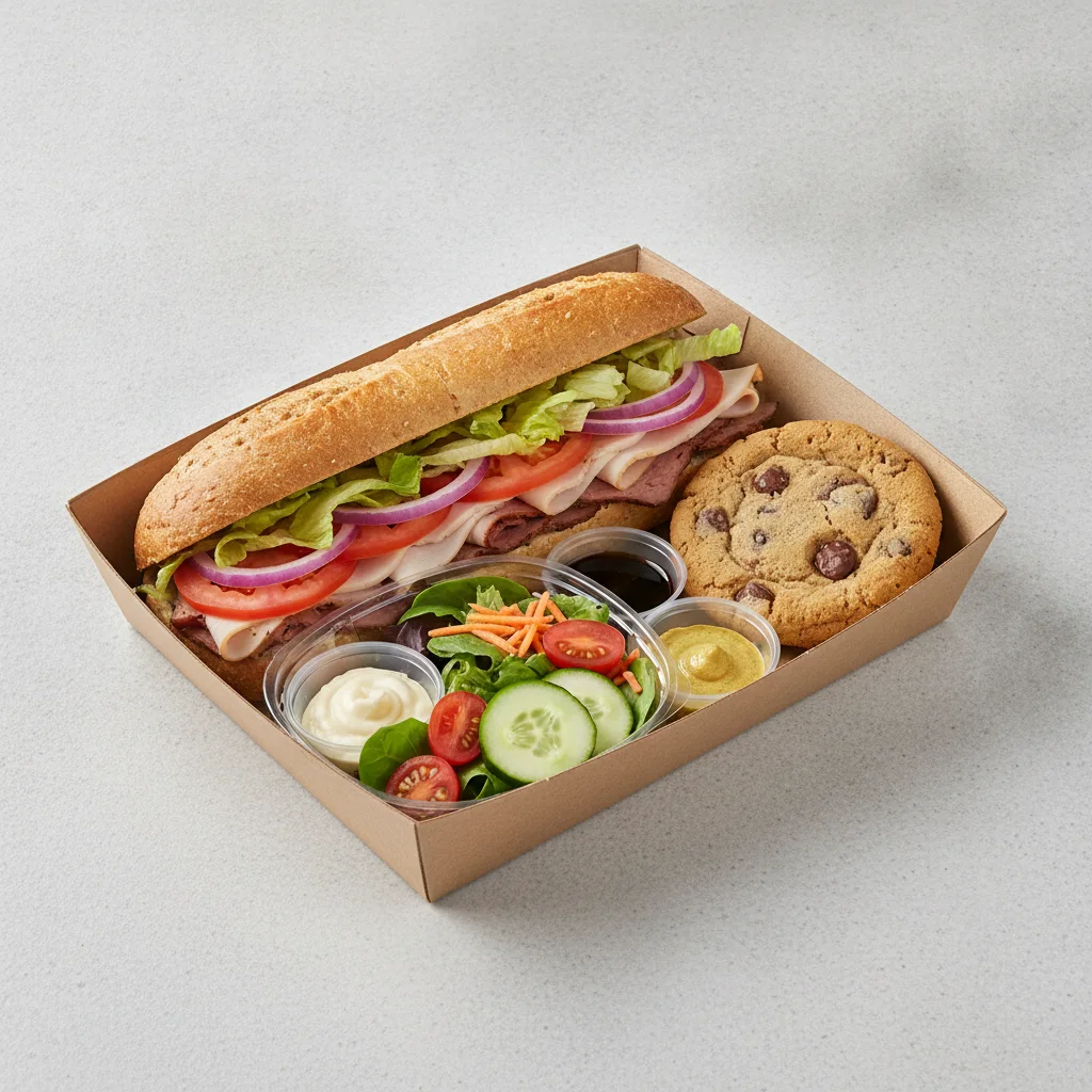 Deluxe Lieutenant Box Lunch - 8-in Turkey, Roast Beef, Wheat Bread, Side Salad and Assorted Cookie