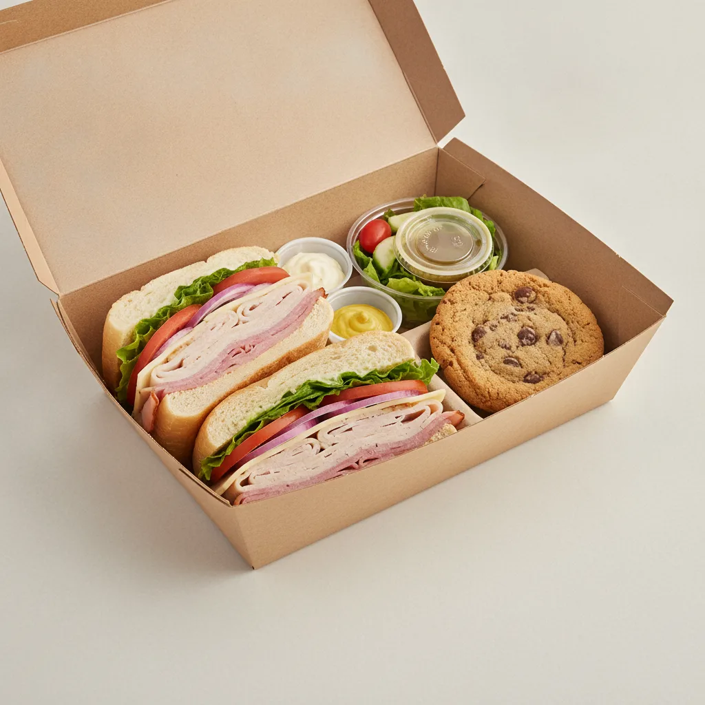 Deluxe Lieutenant Box Lunch - 8-in Turkey, Ham, White Bread, Side Salad and Assorted Cookie