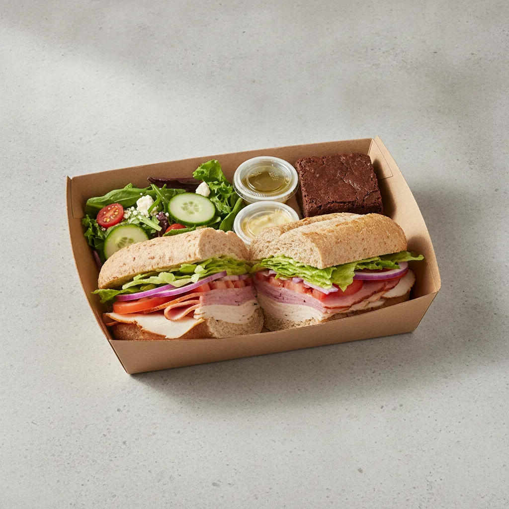 Deluxe Lieutenant Box Lunch - 8-in Turkey, Ham, Wheat Bread, Side Salad and Brownie
