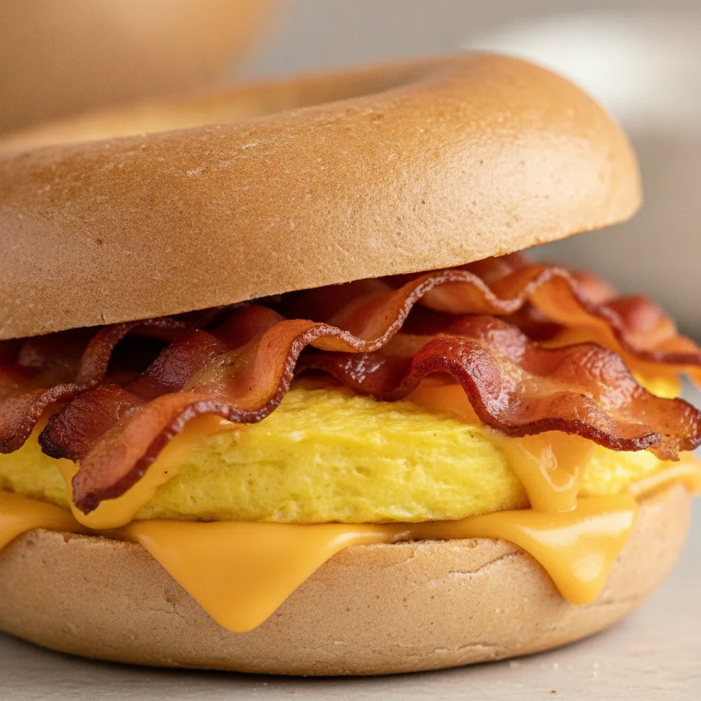 Vegan BaconEggAndCheese on a Gluten Free Plain Bagel Vegan BaconEggAndCheese on a Gluten Free Plain Bagel