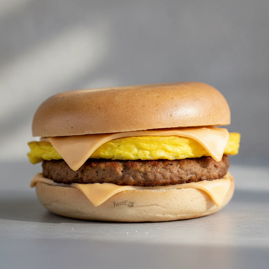 Vegan SausageEggAndCheese on a Gluten Free Plain Bagel Vegan SausageEggAndCheese on a Gluten Free Plain Bagel