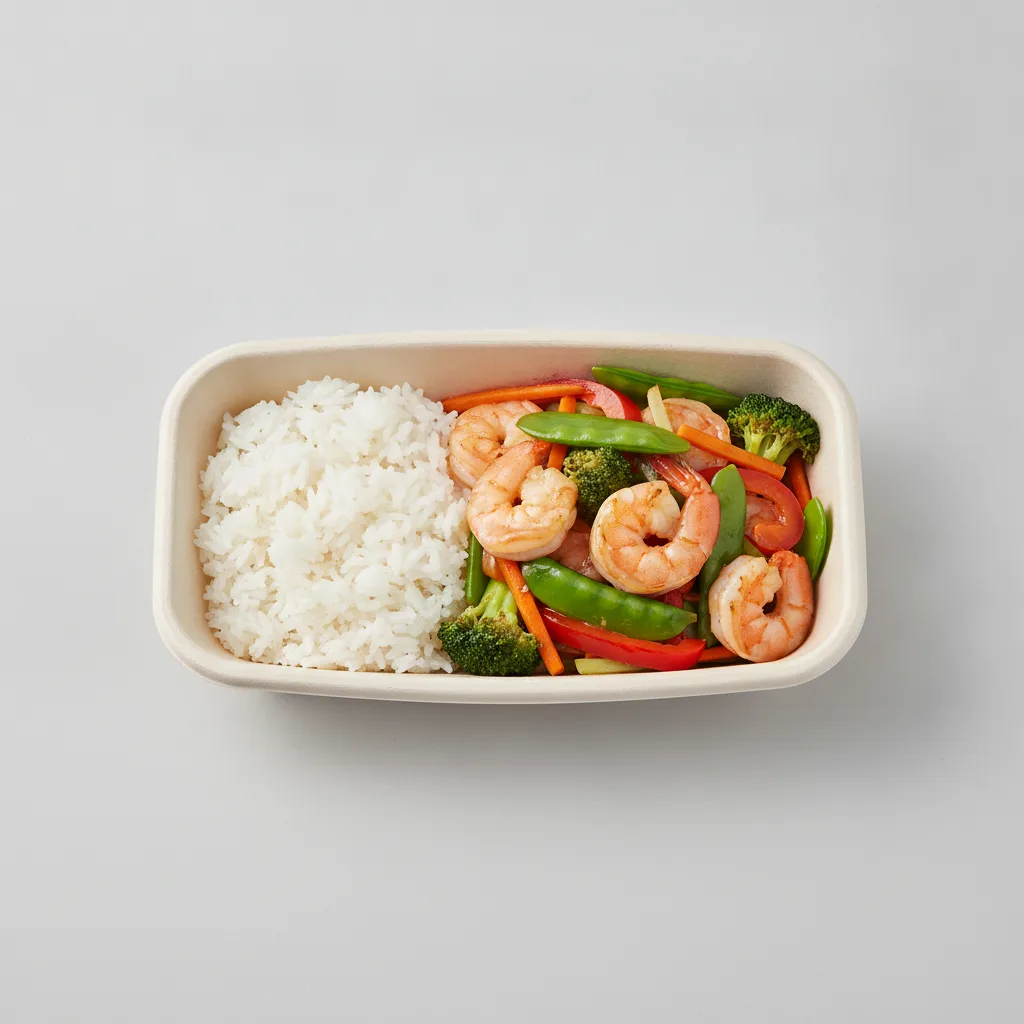Shrimp with Mixed Vegetables & Rice Boxed Lunch Shrimp with Mixed Vegetables & Rice Boxed Lunch