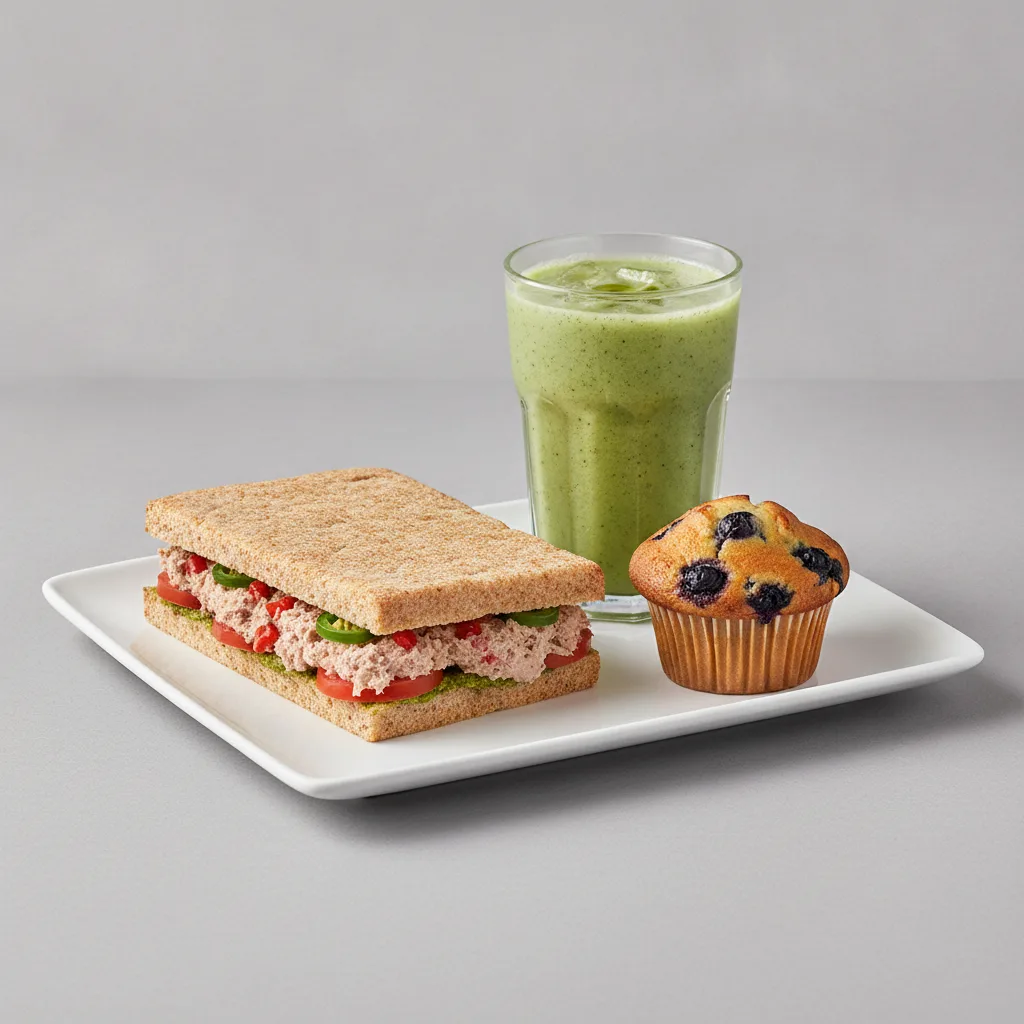 The Ultimate JOE Trio — Spicy Tuna Sandwich, Green Sport, Blueberry Muffin The Ultimate JOE Trio — Spicy Tuna Sandwich, Green Sport, Blueberry Muffin