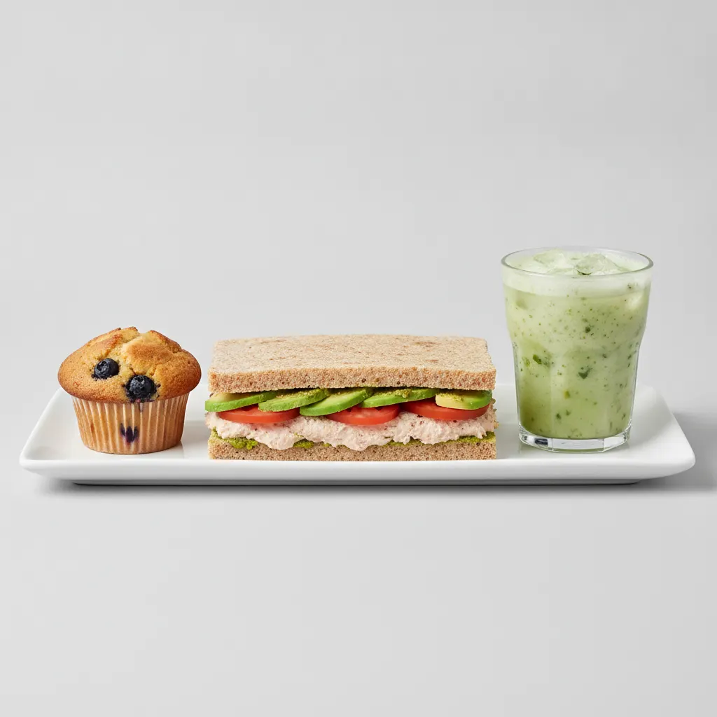 The Ultimate JOE Trio — Tunacado Sandwich, Green Tonic, Blueberry Muffin