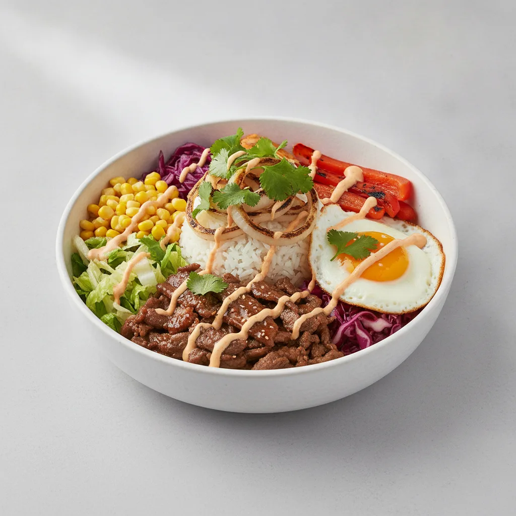 Beef Bulgogi Fiesta Bibimbap Bowl with Spicy Mayo Beef Bulgogi Fiesta Bibimbap Bowl with Spicy Mayo
