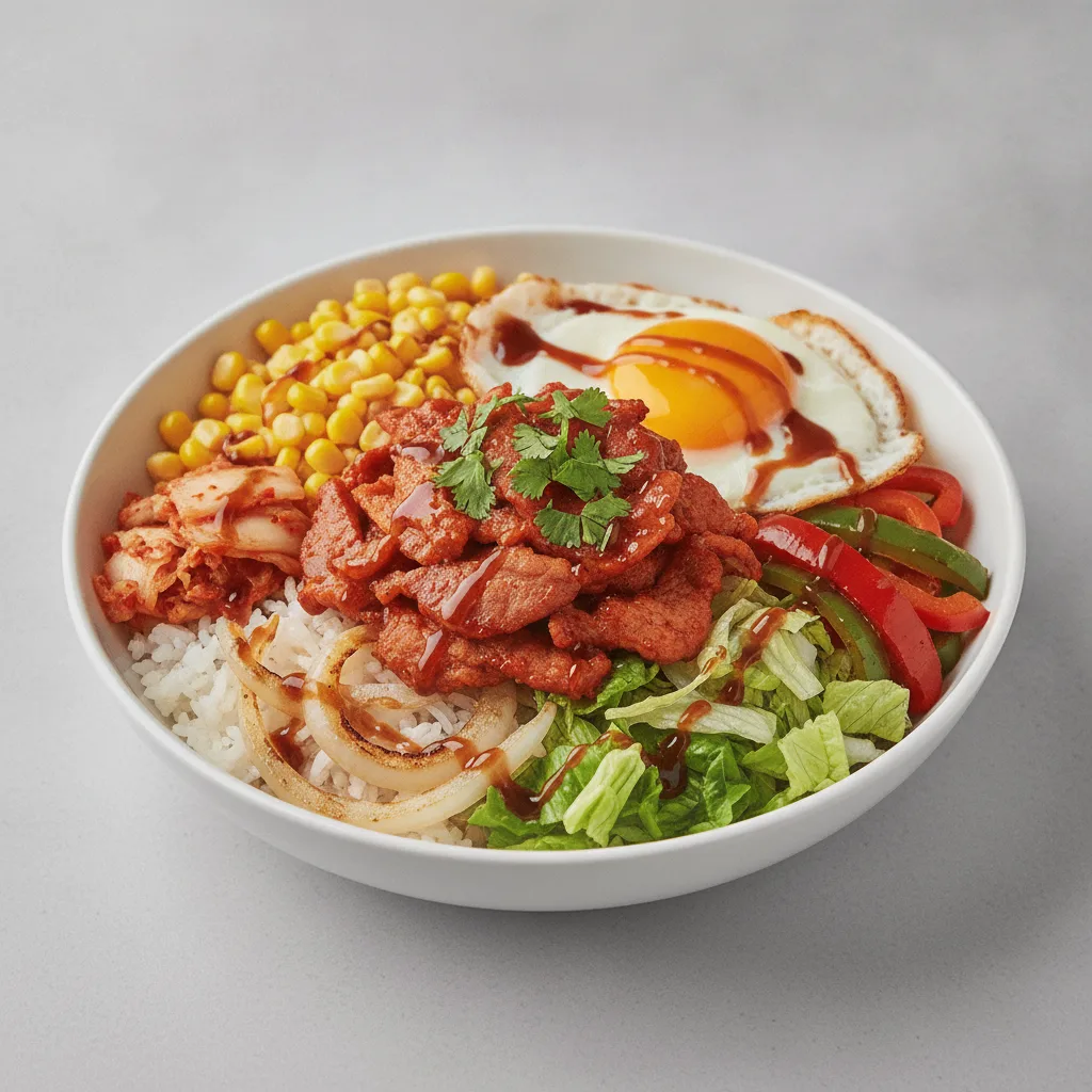 Spicy Pork Fiesta Bibimbap Bowl with Sweet Soy Spicy Pork Fiesta Bibimbap Bowl with Sweet Soy