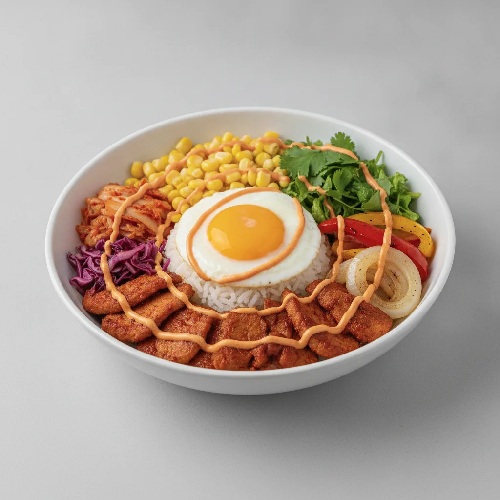 Spicy Pork Fiesta Bibimbap Bowl with Spicy Mayo Spicy Pork Fiesta Bibimbap Bowl with Spicy Mayo