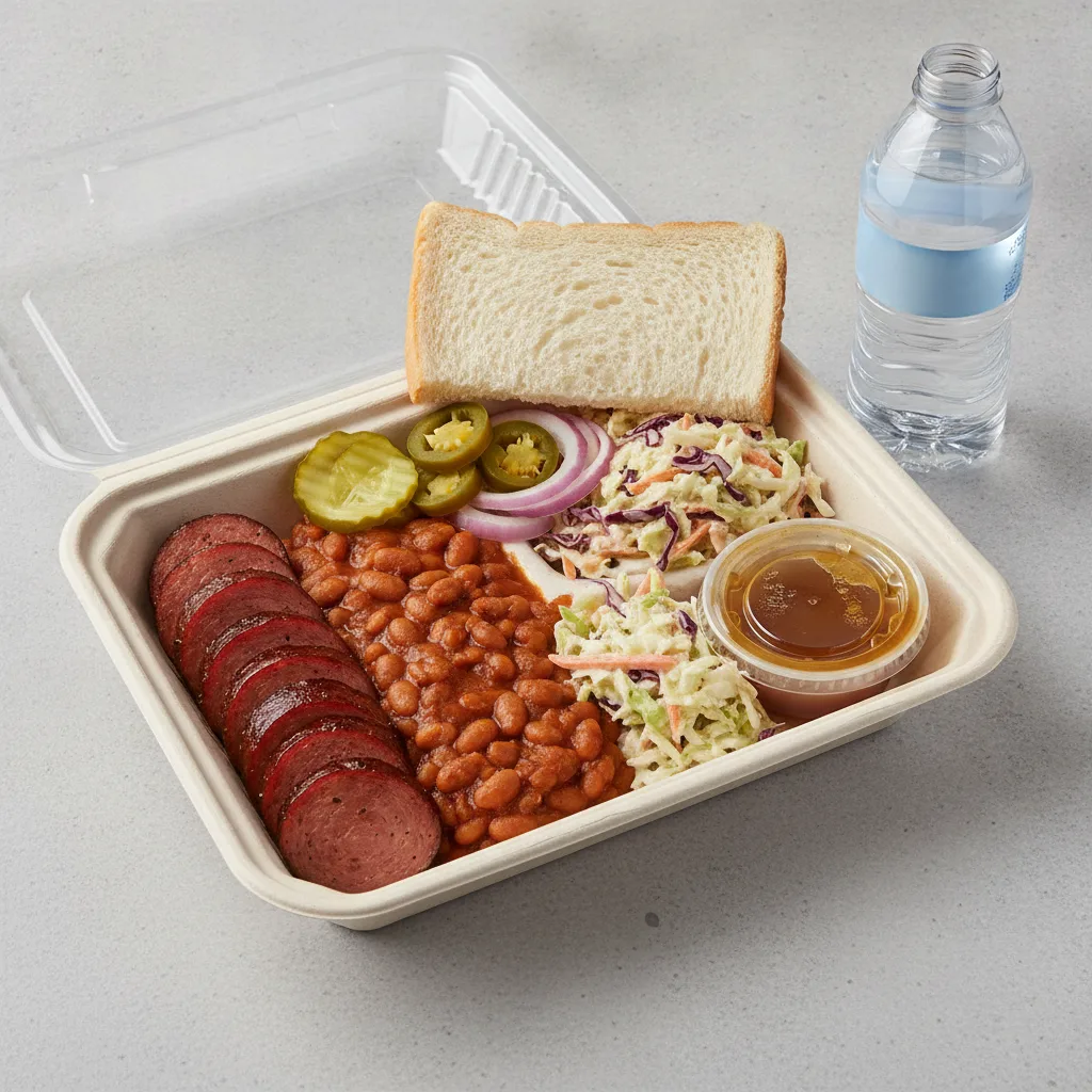 BBQ Plate Boxed Lunch - Sliced Sausage, Beans, Slaw BBQ Plate Boxed Lunch - Sliced Sausage, Beans, Slaw