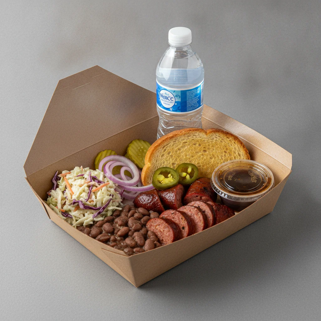 BBQ Plate Boxed Lunch - Jalapeño Cheese Sausage, Beans, Slaw BBQ Plate Boxed Lunch - Jalapeño Cheese Sausage, Beans, Slaw