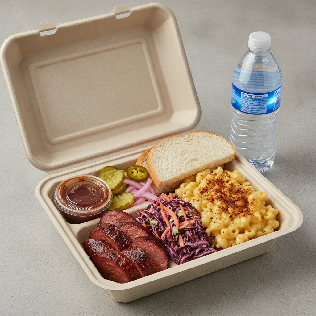 BBQ Plate Boxed Lunch - Sliced Sausage, Mac, Slaw BBQ Plate Boxed Lunch - Sliced Sausage, Mac, Slaw