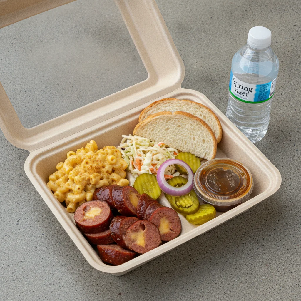 BBQ Plate Boxed Lunch - Jalapeño Cheese Sausage, Mac, Slaw BBQ Plate Boxed Lunch - Jalapeño Cheese Sausage, Mac, Slaw