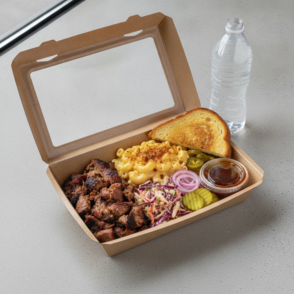 BBQ Plate Boxed Lunch - Chopped Brisket, Mac, Slaw BBQ Plate Boxed Lunch - Chopped Brisket, Mac, Slaw