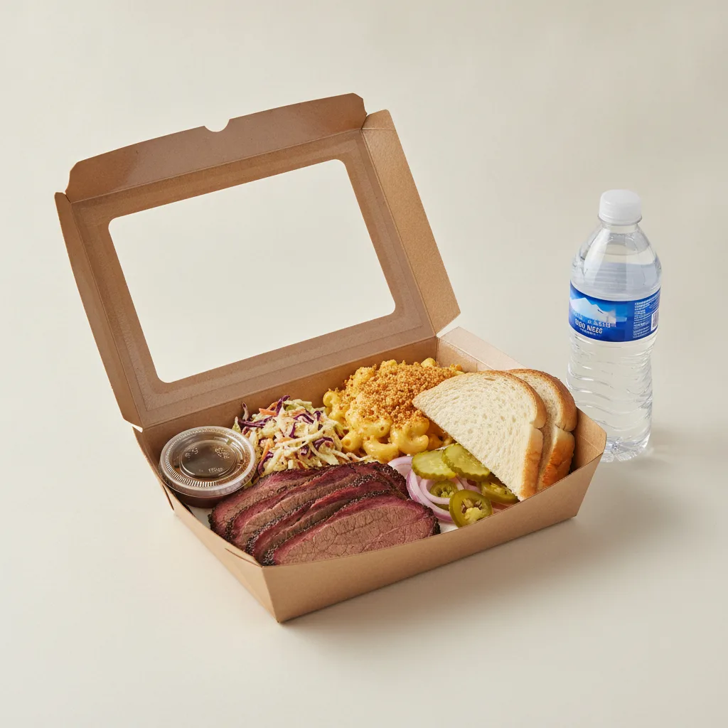 BBQ Plate Boxed Lunch - Sliced Brisket, Mac, Slaw BBQ Plate Boxed Lunch - Sliced Brisket, Mac, Slaw