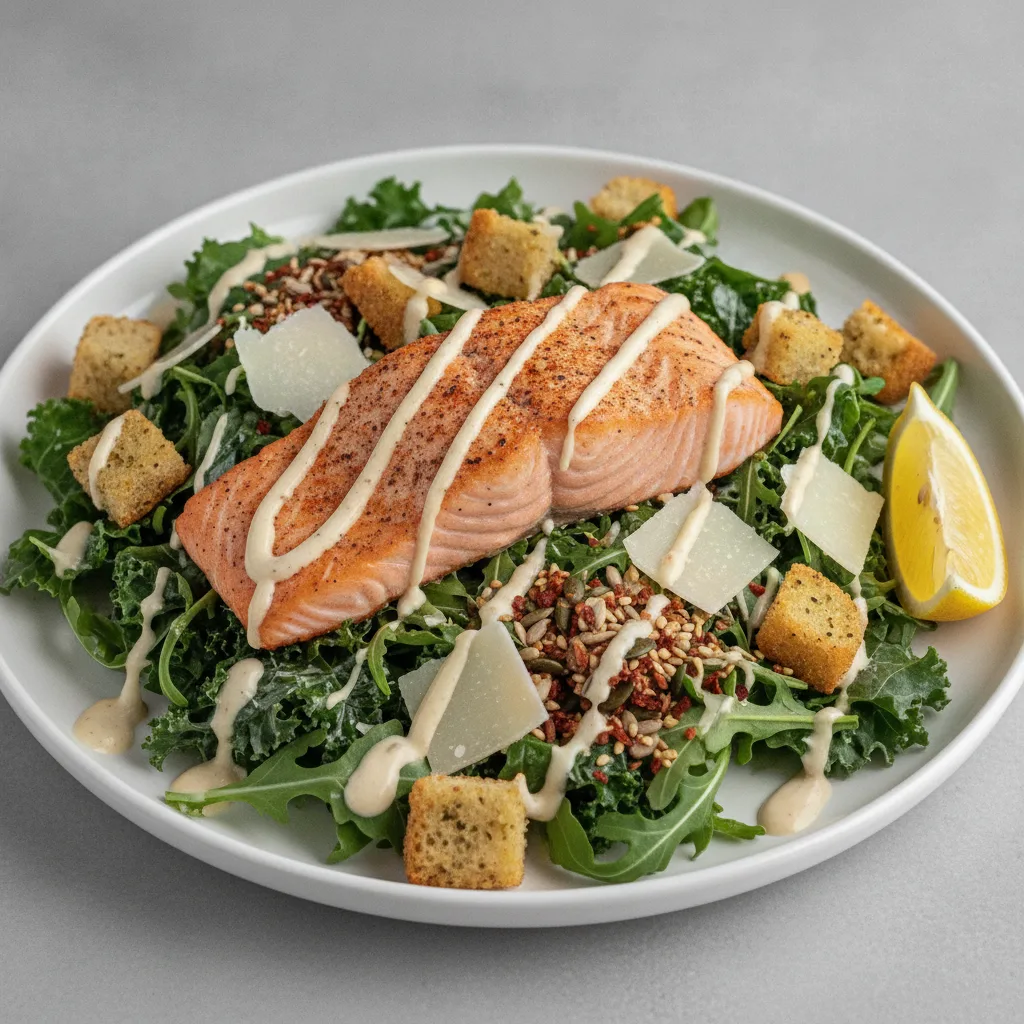Crunchy Kale Salmon Caesar Salad Crunchy Kale Salmon Caesar Salad
