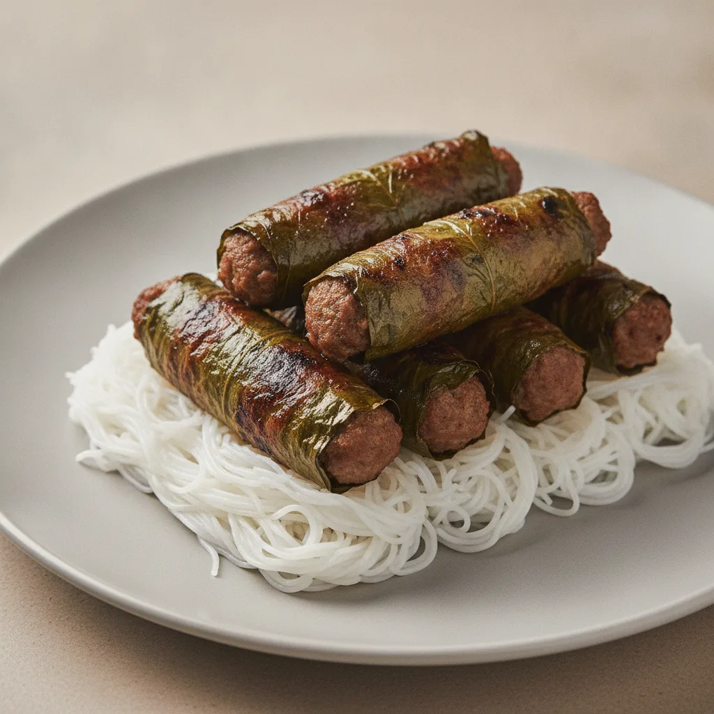 Grilled Beef Wrapped in Betel Leaf with Thin Vermicelli