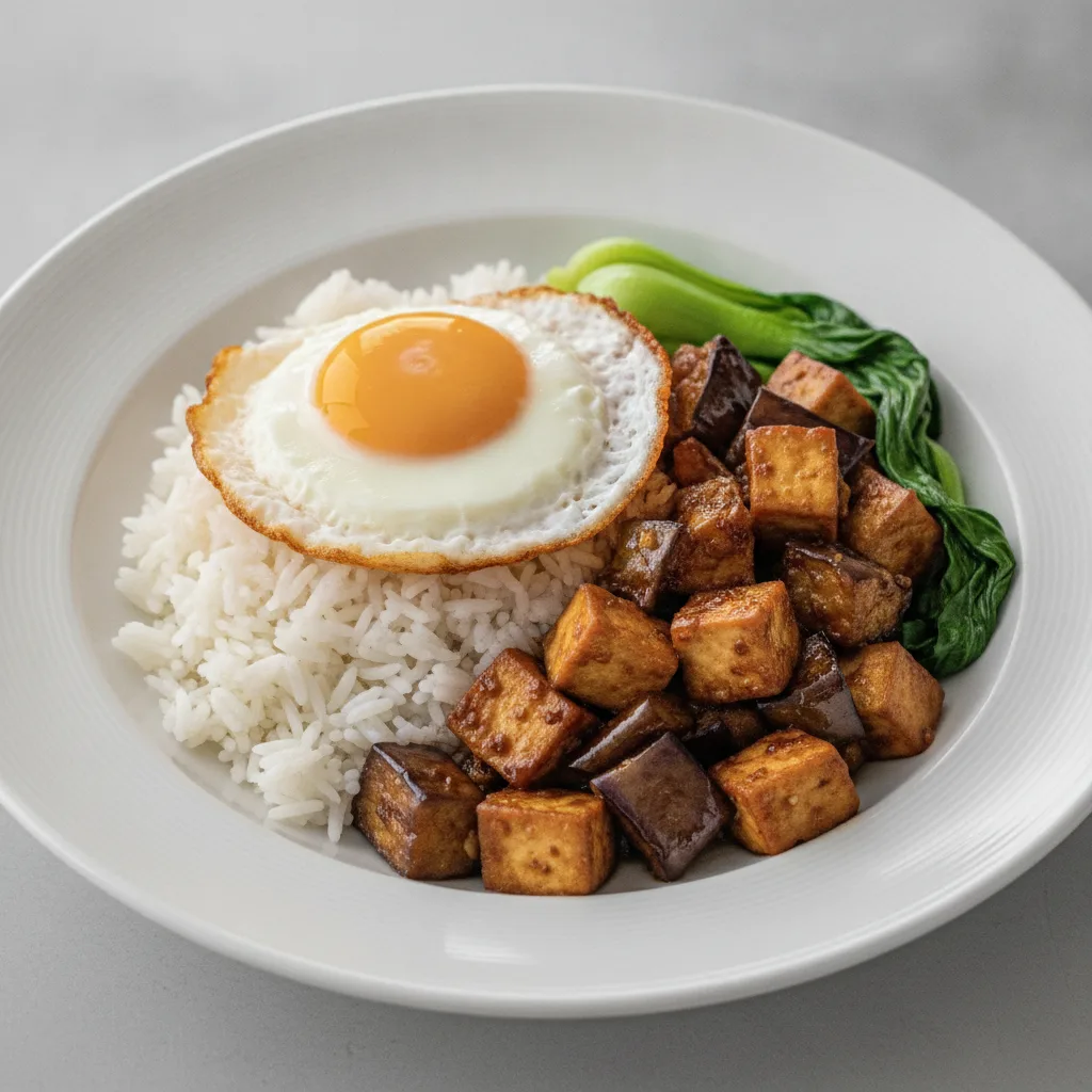 Spicy Basil Eggplant Tofu with Rice & Fried Egg Spicy Basil Eggplant Tofu with Rice & Fried Egg