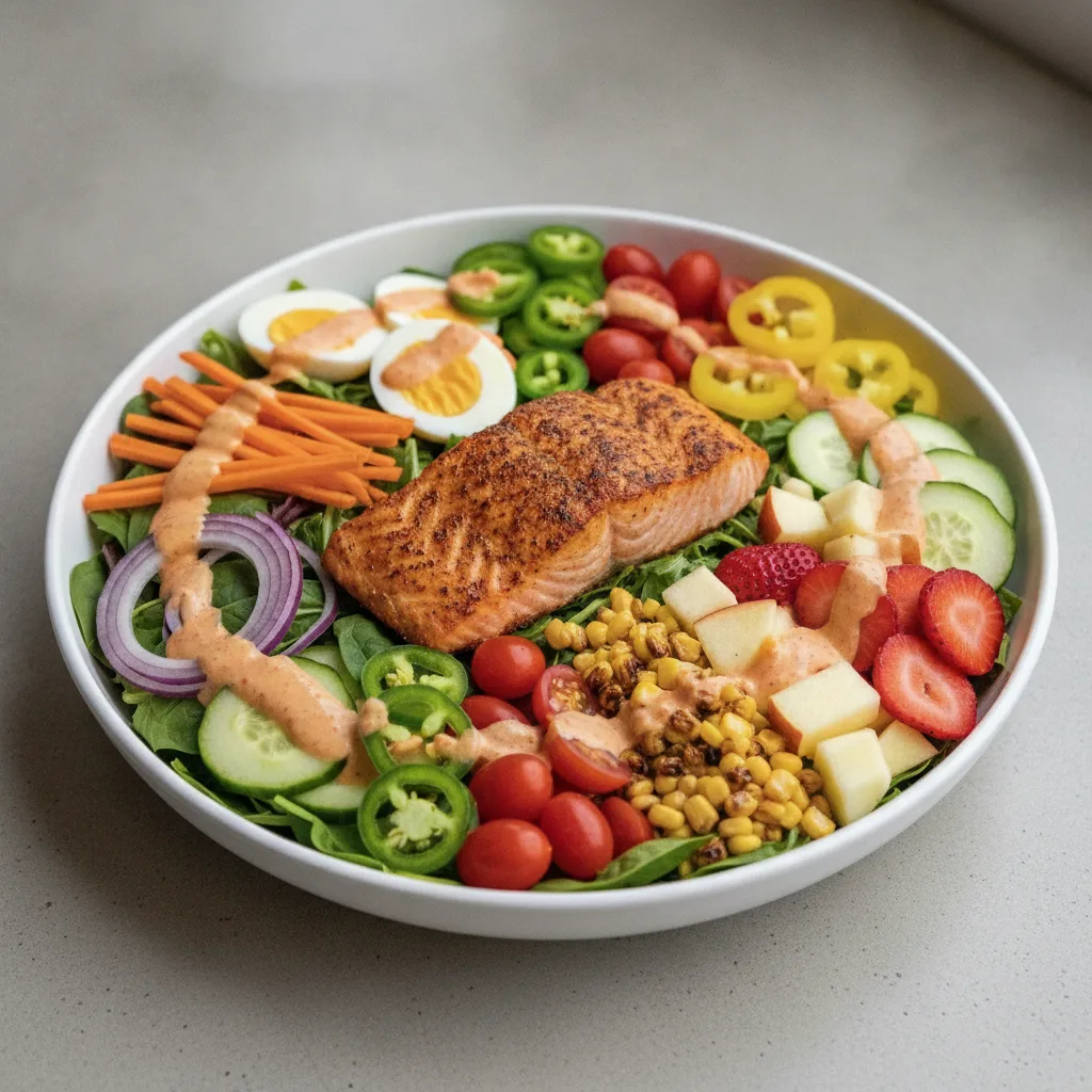 Mixed Greens Bowl - Adobo Salmon Salad (Red Pep. Ranch) Mixed Greens Bowl - Adobo Salmon Salad (Red Pep. Ranch)
