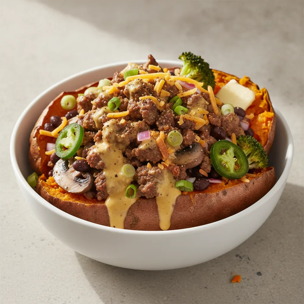 Sweet Potato Bowl - Seasoned Beef (Queso Sauce)