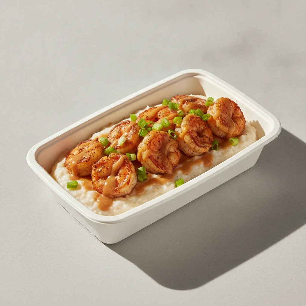 Coconut Cheesy Grits Box - Green Onion , Adobo Shrimp , Honey Garlic Sauce