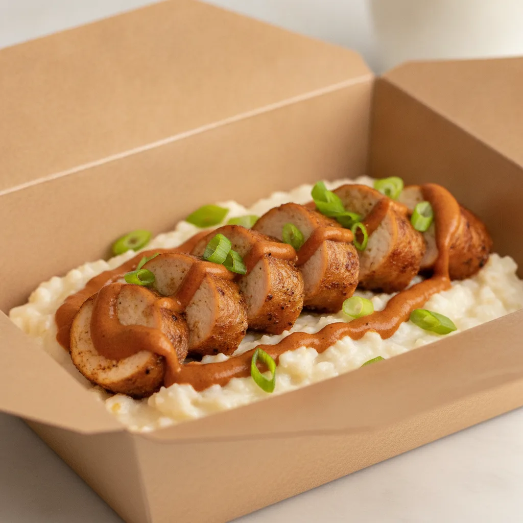 Coconut Cheesy Grits Box - Green Onion , Chicken Sausage , Adobo Cream