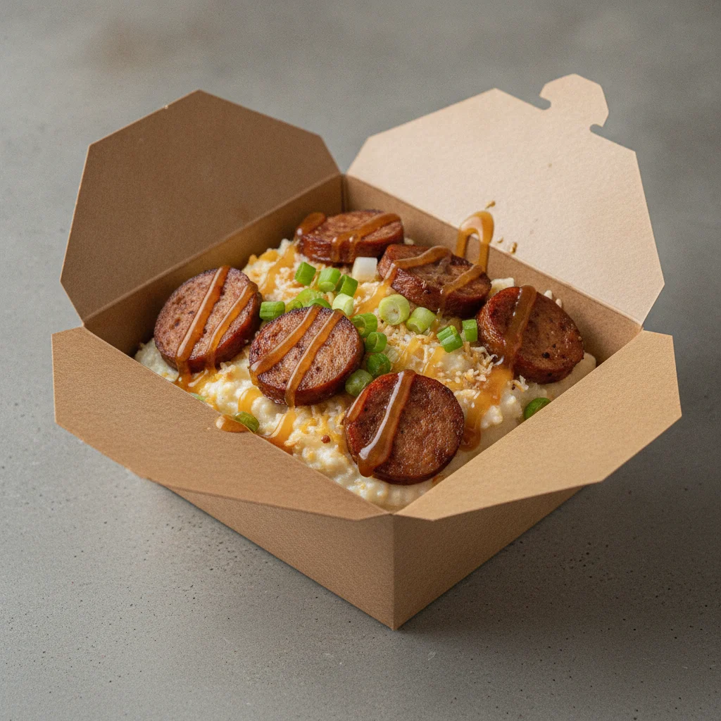 Coconut Cheesy Grits Box - Green Onion , Chicken Sausage , Honey Garlic Sauce