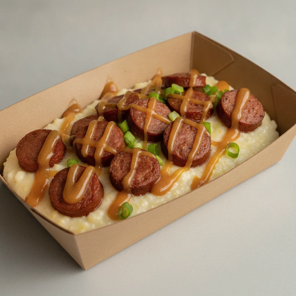 Coconut Cheesy Grits Box - Green Onion , Andouille Sausage , Honey Garlic Sauce