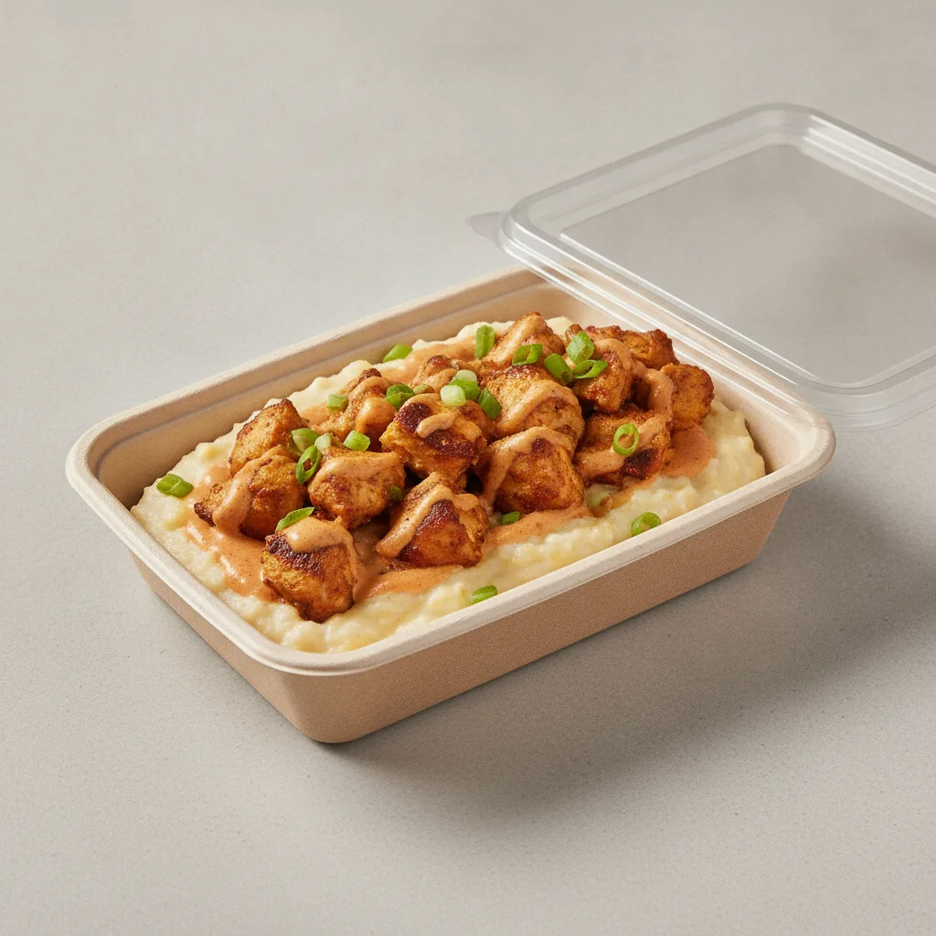 Coconut Cheesy Grits Box - Green Onion , Moroccan Chicken , Adobo Cream