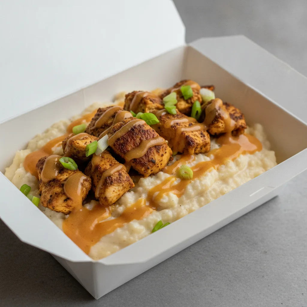 Coconut Cheesy Grits Box - Green Onion , Moroccan Chicken , Honey Garlic Sauce