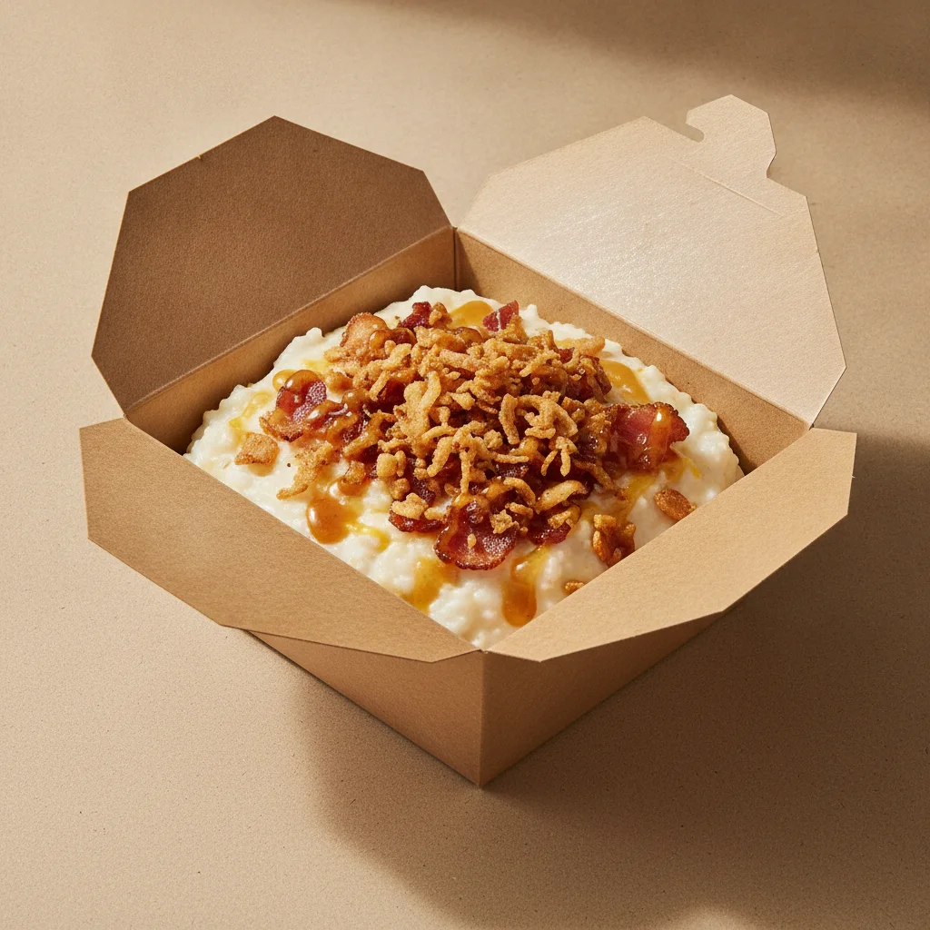 Coconut Cheesy Grits Box - Crispy Onion , Bacon , Honey Garlic Sauce