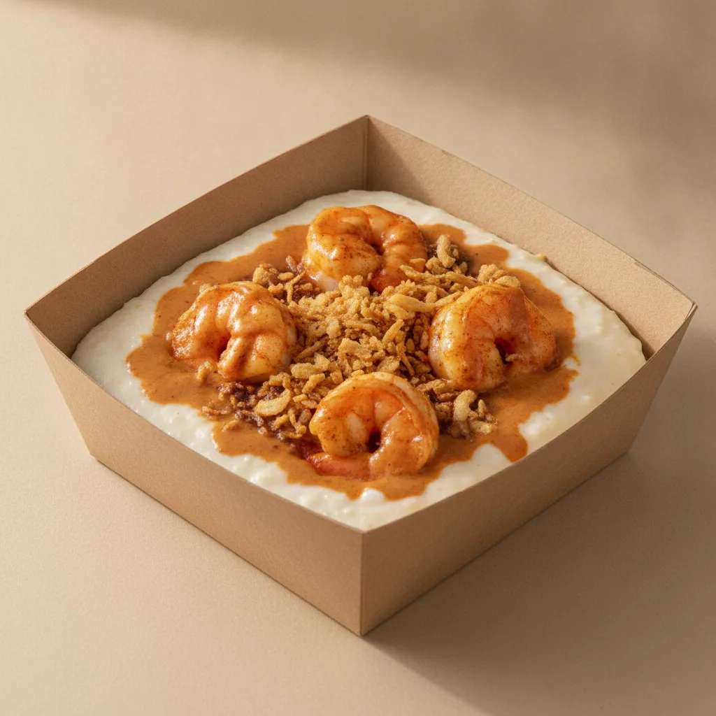 Coconut Cheesy Grits Box - Crispy Onion , Adobo Shrimp , Adobo Cream