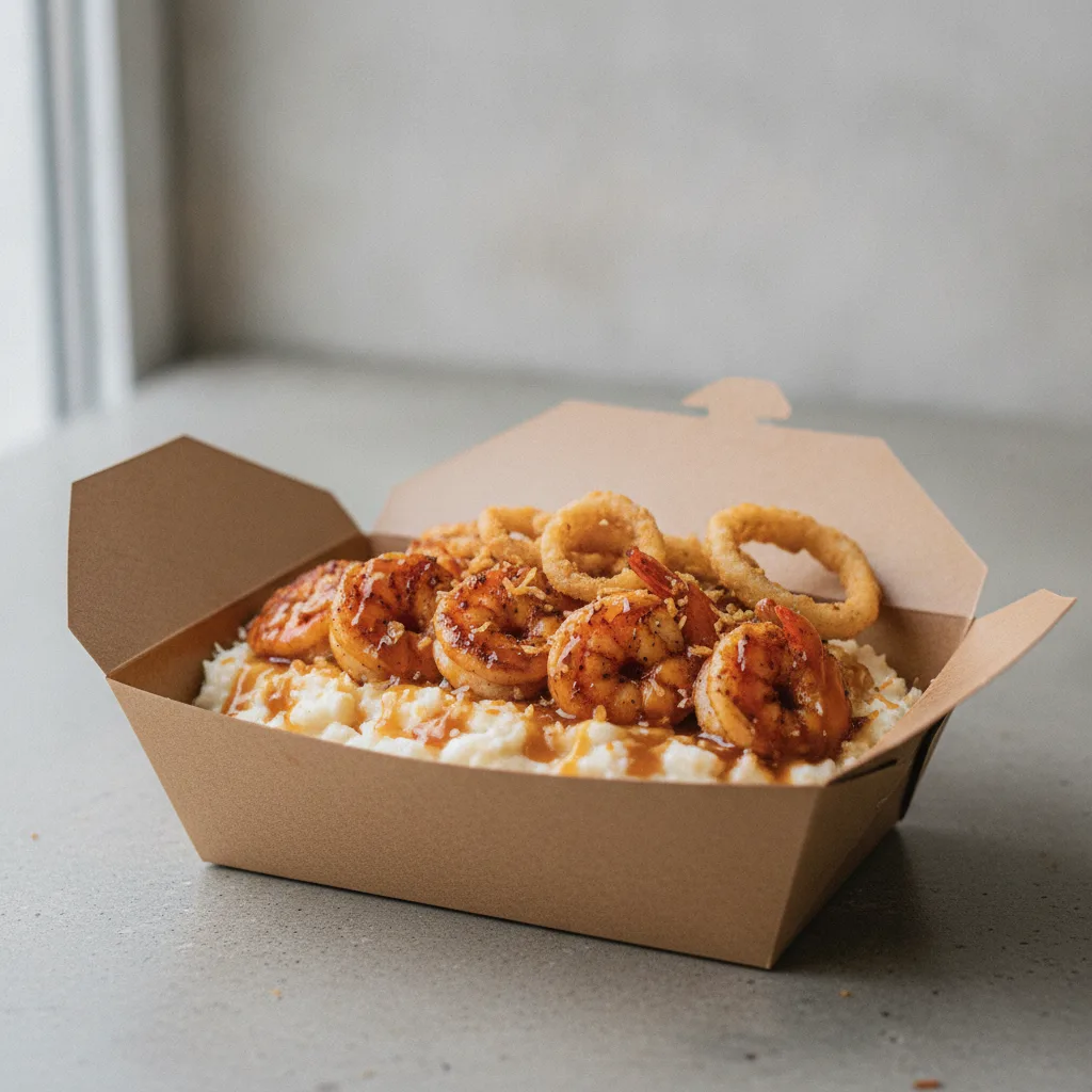 Coconut Cheesy Grits Box - Crispy Onion , Adobo Shrimp , Honey Garlic Sauce